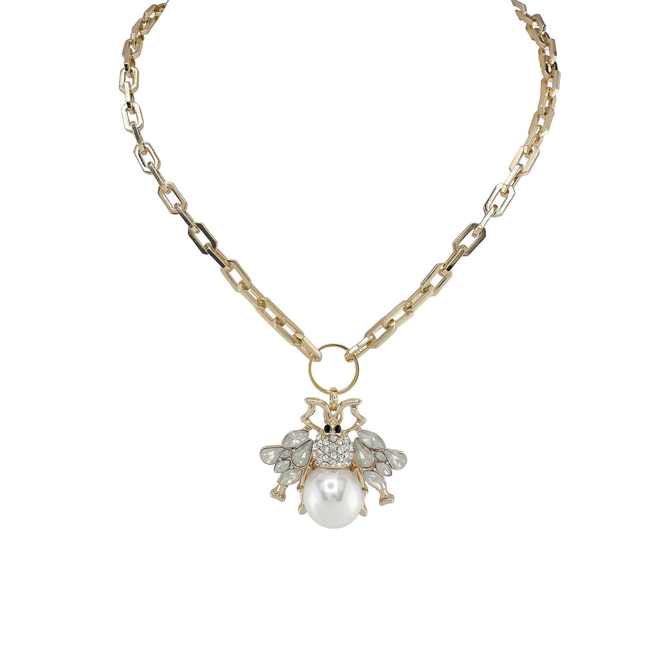The Queen Bee Pearl Necklace in gold with a pearl body and crystal wings on a gold link chain
