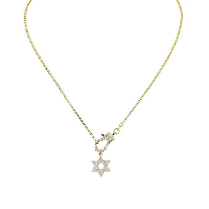 A gold-colored necklace with a Star of David charm.