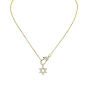 A gold-colored necklace with a Star of David charm.