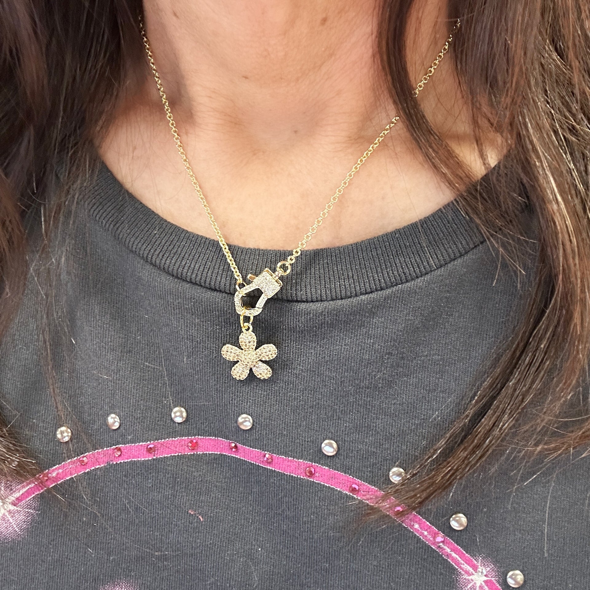 model wearing rachael mini pave clasp necklace gold love lisa jewelry