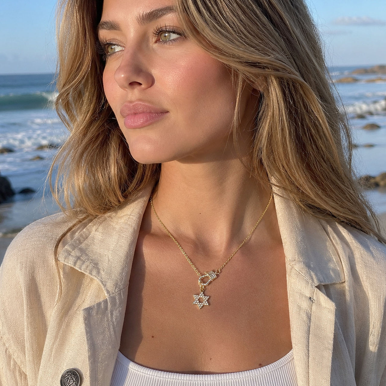 lifestyle image rachael clasp necklace star of david gold love lisa
