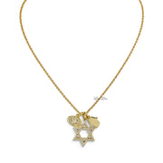 Love Lisa Rayna protection necklace in Gold with sparkling CZ Star of David, crystal evil eye, polished Hamsa charm, and delicate gold-tone chain on white