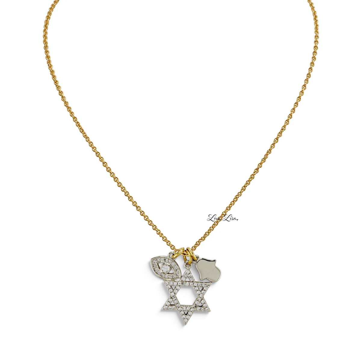 Love Lisa Rayna Gold/Silver protection necklace with mixed-metal Star of David, evil eye, and Hamsa charm cluster on a delicate chain