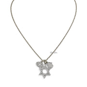 Love Lisa Rayna Silver necklace with sparkling Star of David, crystal evil eye, and polished Hamsa protection charms on a silver-tone chain