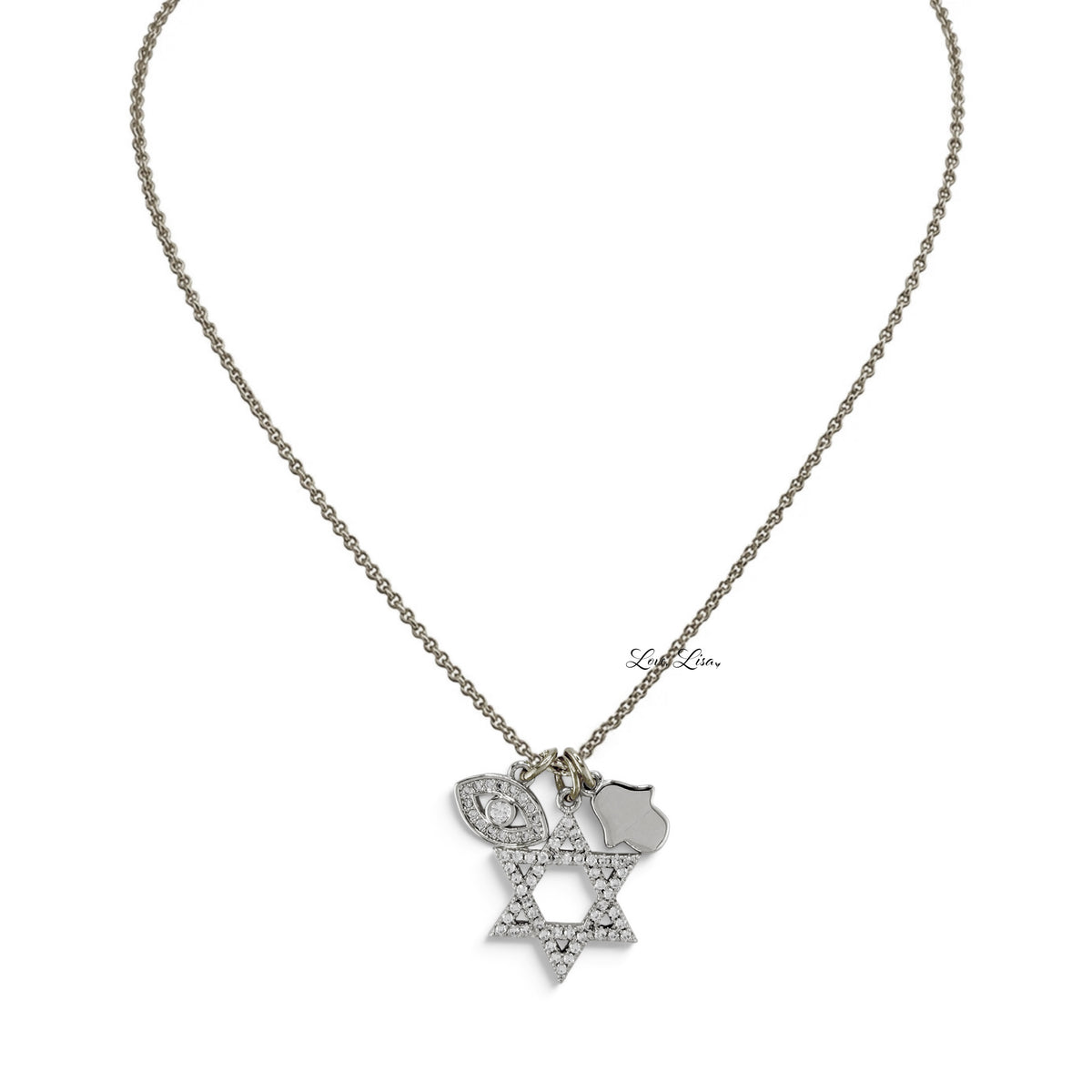 Love Lisa Rayna Silver necklace with sparkling Star of David, crystal evil eye, and polished Hamsa protection charms on a silver-tone chain
