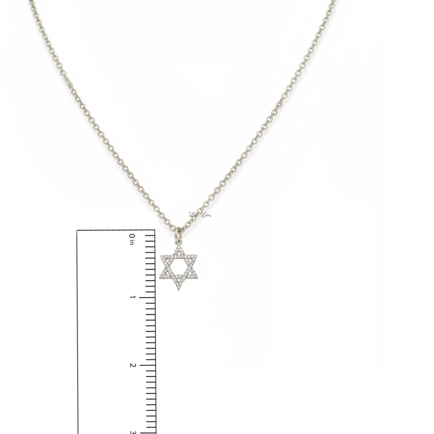 Star of David necklace with chain on a white background, accompanied by a ruler for scale.