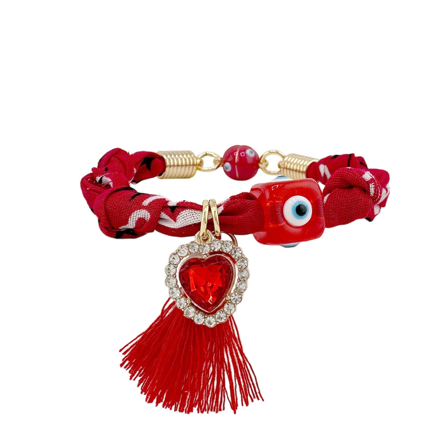 Red bandana bracelet with red evil eye bead red heart charm and matching tassel
