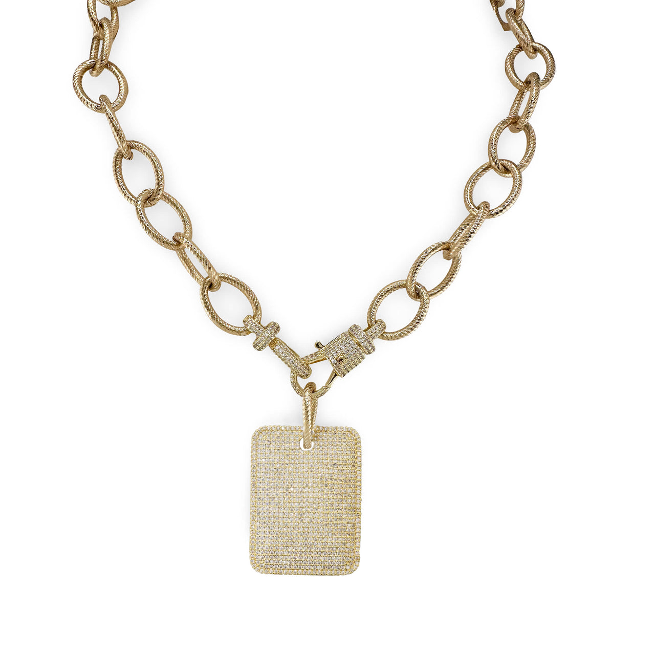 Gold chain necklace with a rectangular pendant on a white background