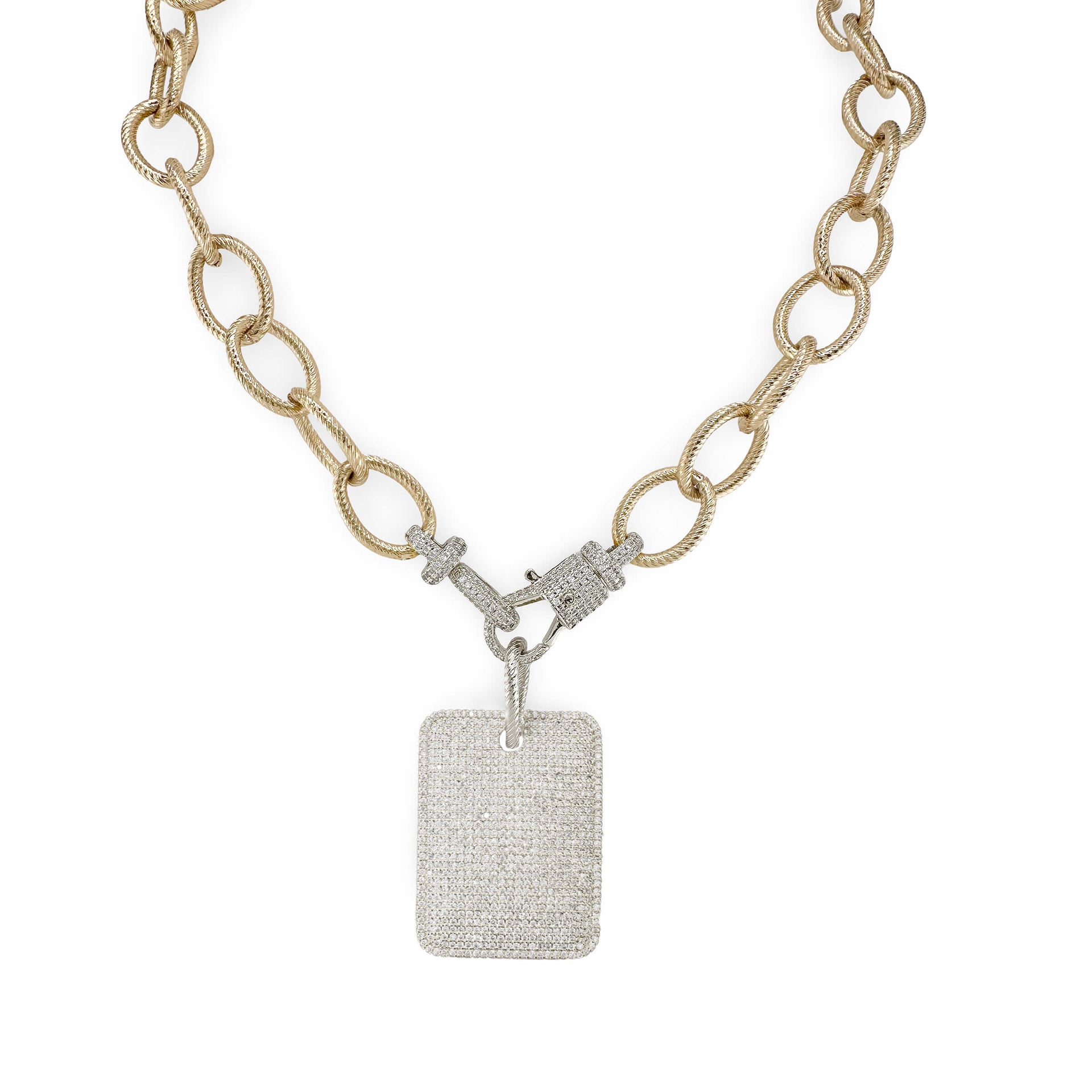 Gold chain necklace with a silver pendant on a white background