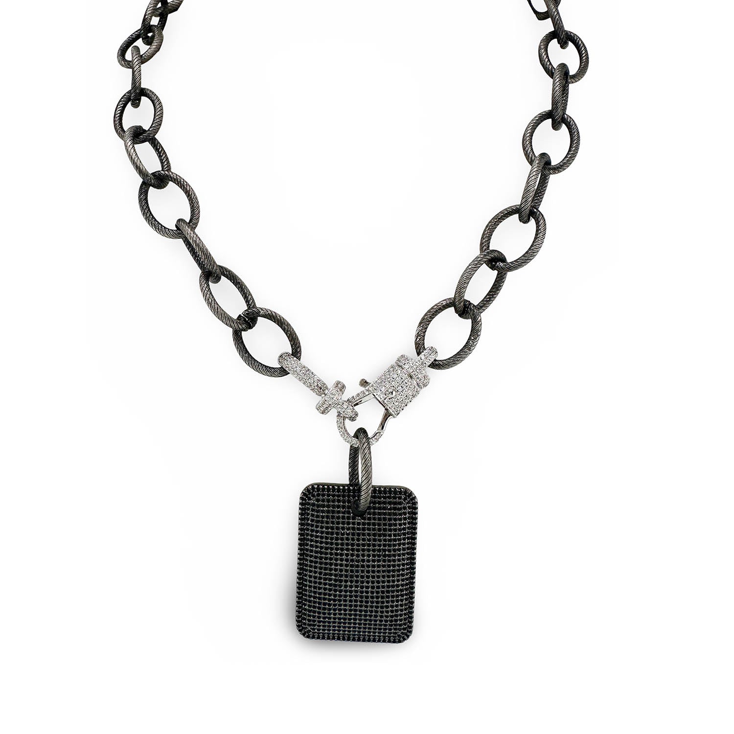 Black chain necklace with a rectangular pendant on a white background