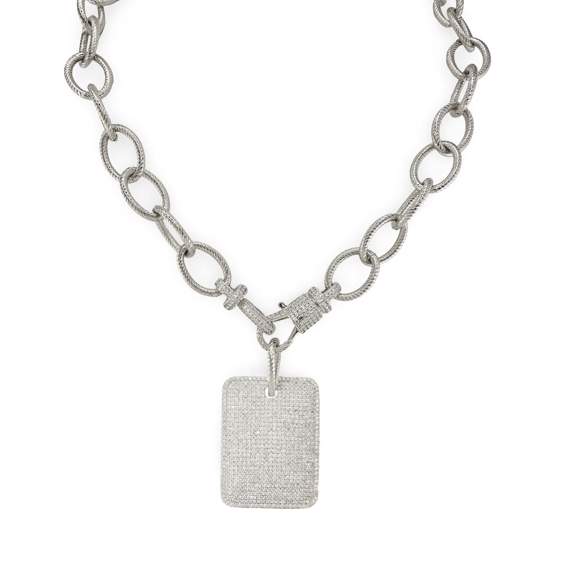 Silver chain necklace with a textured square pendant on a white background