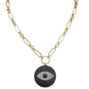 Love Lisa Return to Sender Evil Eye Protection Necklace with gold-tone link chain and oversized black crystal evil eye medallion
