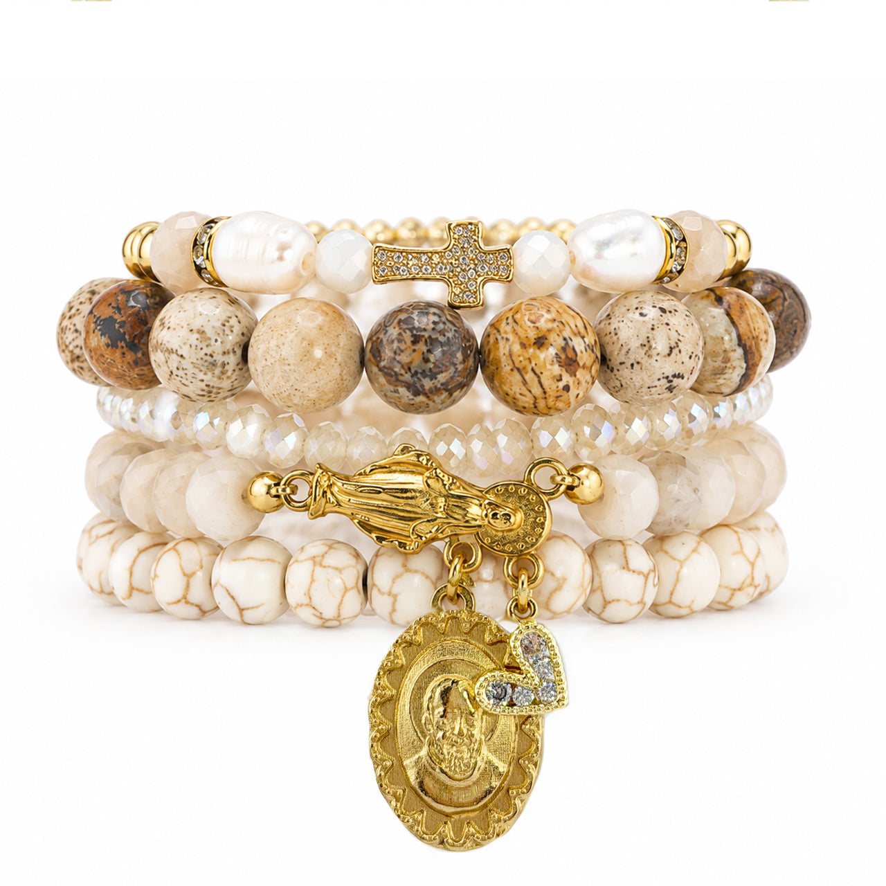 Love Lisa Rita and Ariana Padre Pio Blessing Bracelet Stack with neutral gemstones pearls crystals and Catholic charm details