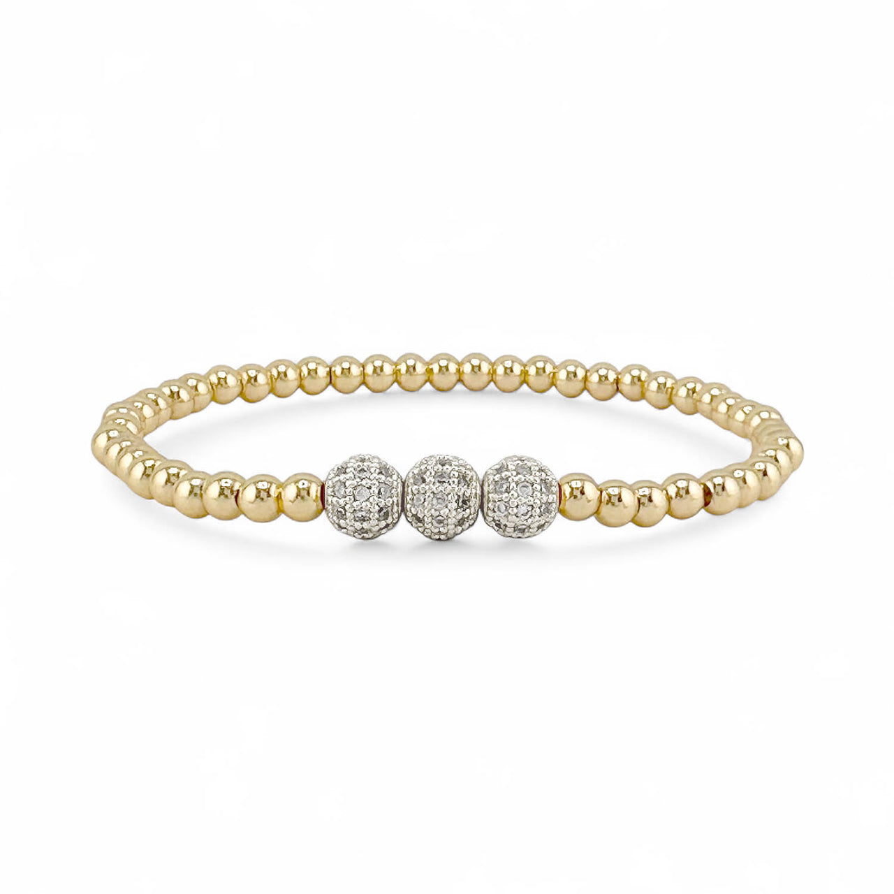 Gold beaded bracelet with three diamond-studded beads on a white background