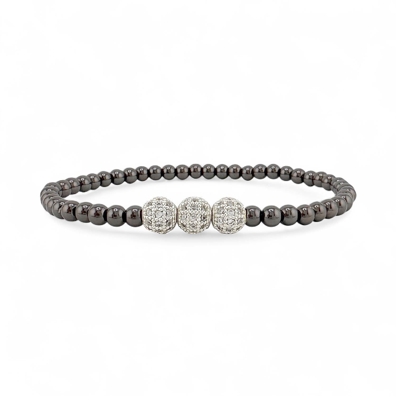 Black beaded bracelet with silver clasp on a white background