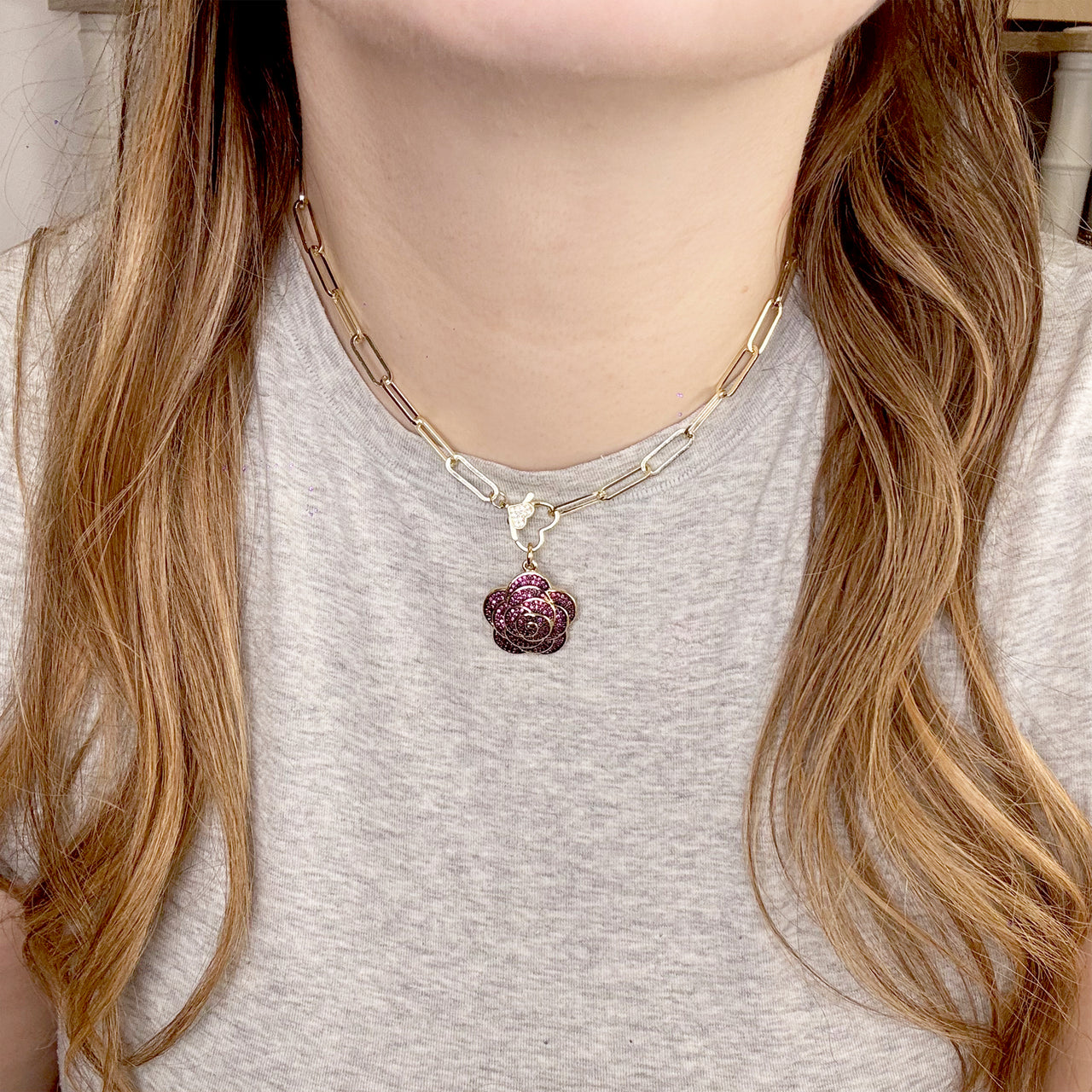 3D rose charm pendant in pink on Love, Lisa clasp necklace