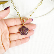 3D rose charm pendant in pink on Love, Lisa clasp necklace