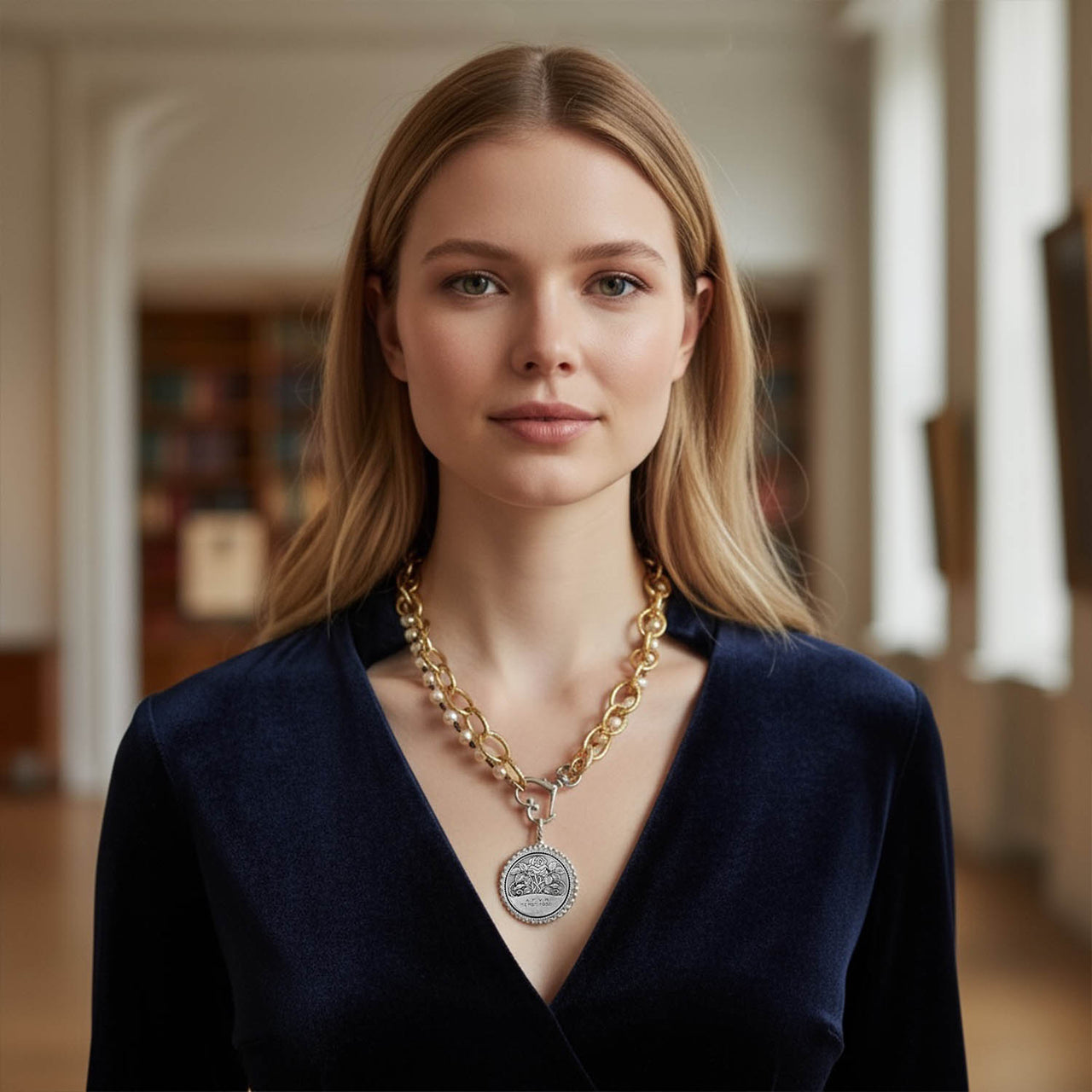 Necklace with gold chain, pearl beads, and silver medallion on a model