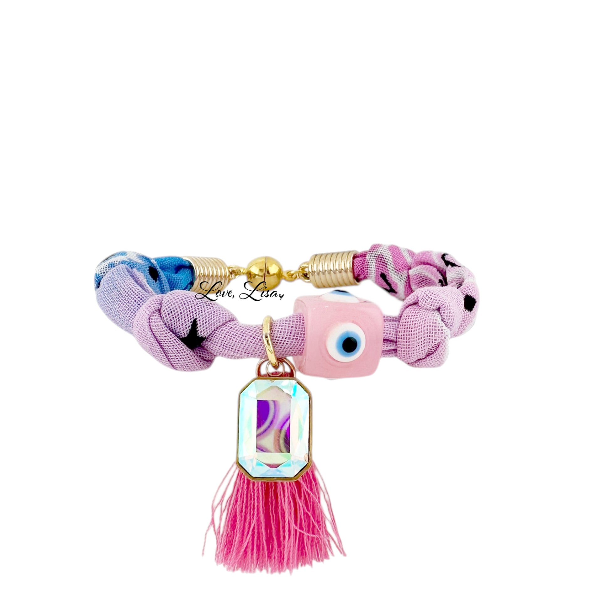 Love, Lisa Roxie Bandana Charm Bracelet in blush pink with tassel and evil eye bead