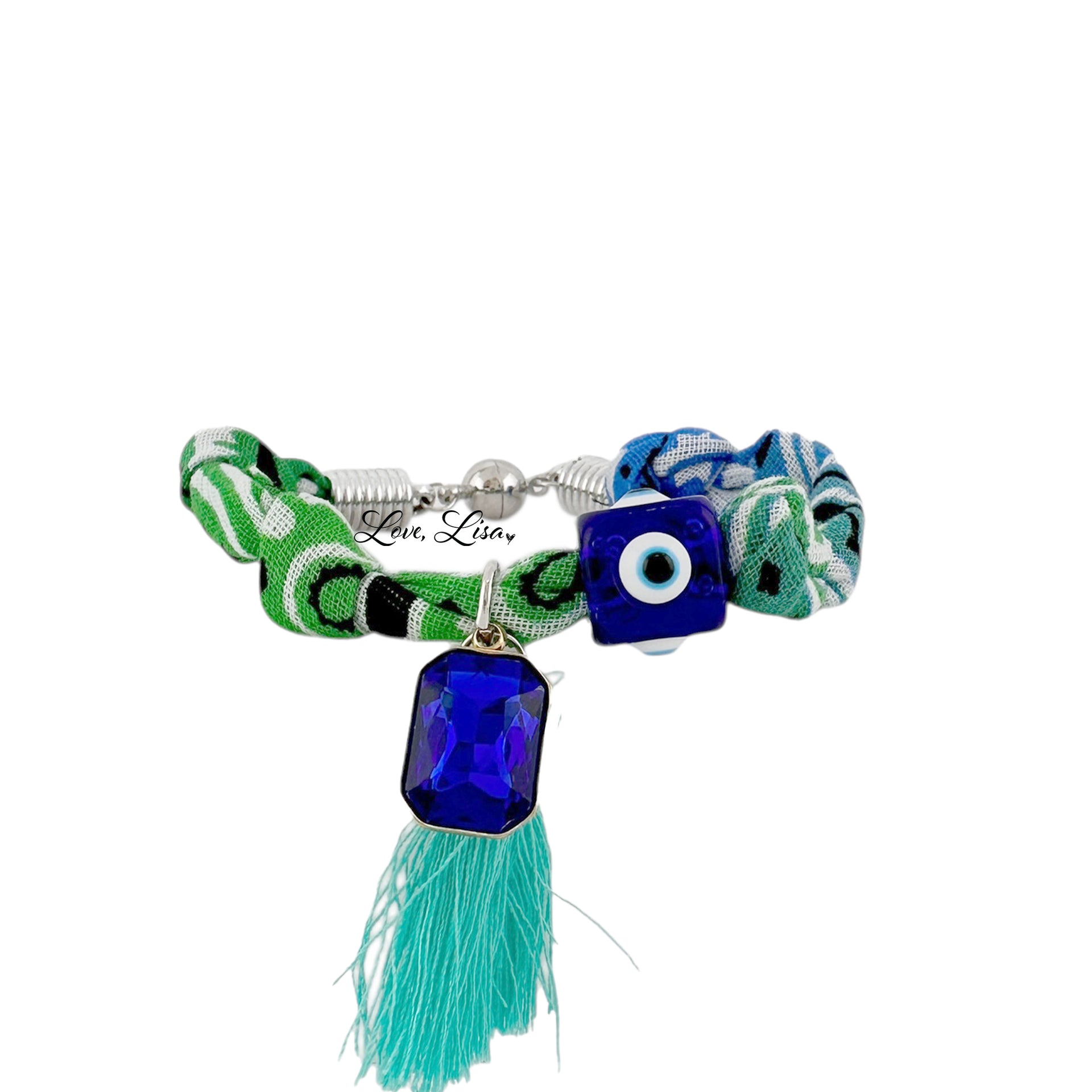 Jungle Jade Roxie Bandana Bracelet with teal tassel and evil eye charm and magnetic clasp
