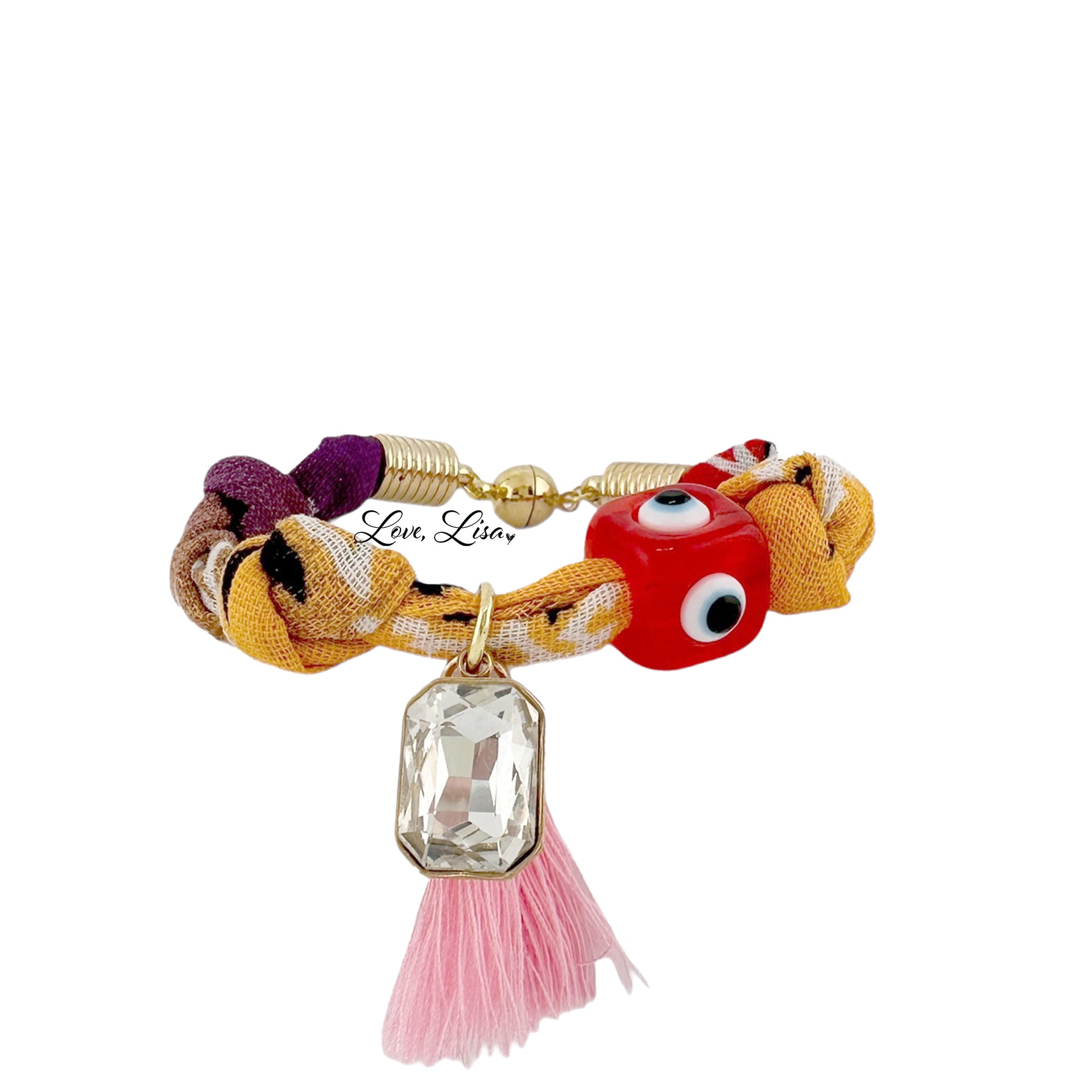 Roxie Bandana Charm Bracelet in Tiger Lily print with large crystal charm and pink tassel
