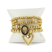 Love Lisa sacred heart blessed mother bracelet stack gold five stretch bracelets with pavé cross blessed mother medallion and heart charms