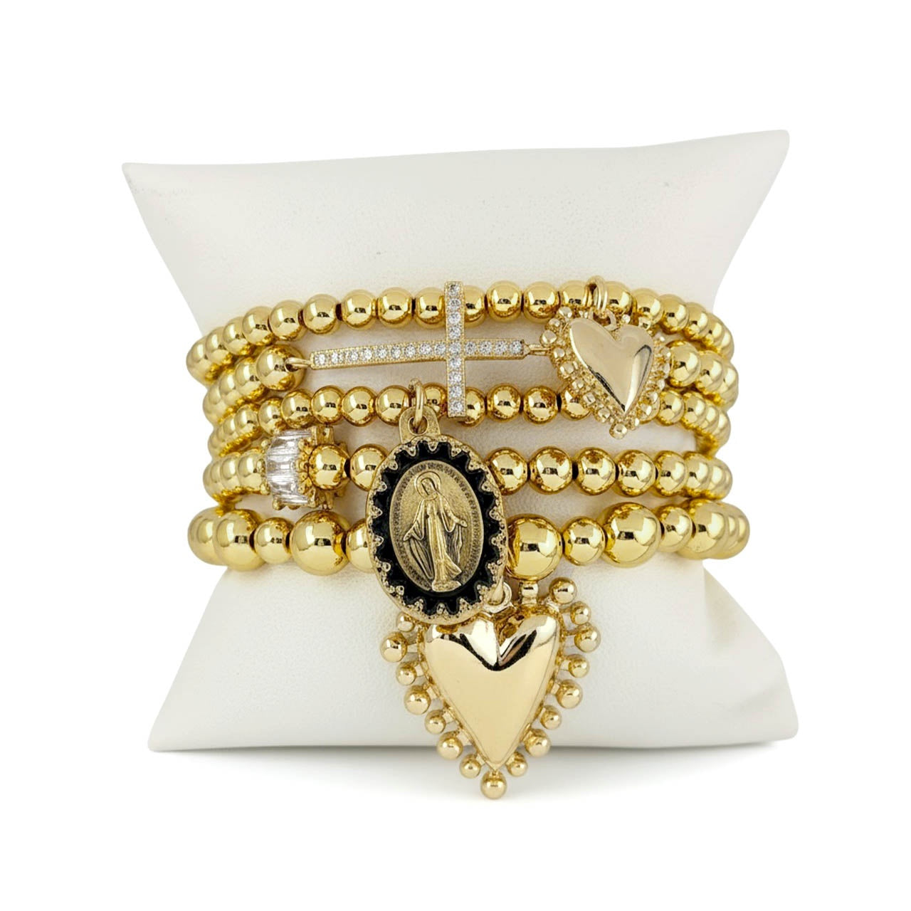 Love Lisa sacred heart blessed mother bracelet stack gold five stretch bracelets with pavé cross blessed mother medallion and heart charms