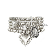 sacred heart blessed mother bracelet stack silver five piece stretch bracelet set with pavé cross blessed mother medallion and heart charms