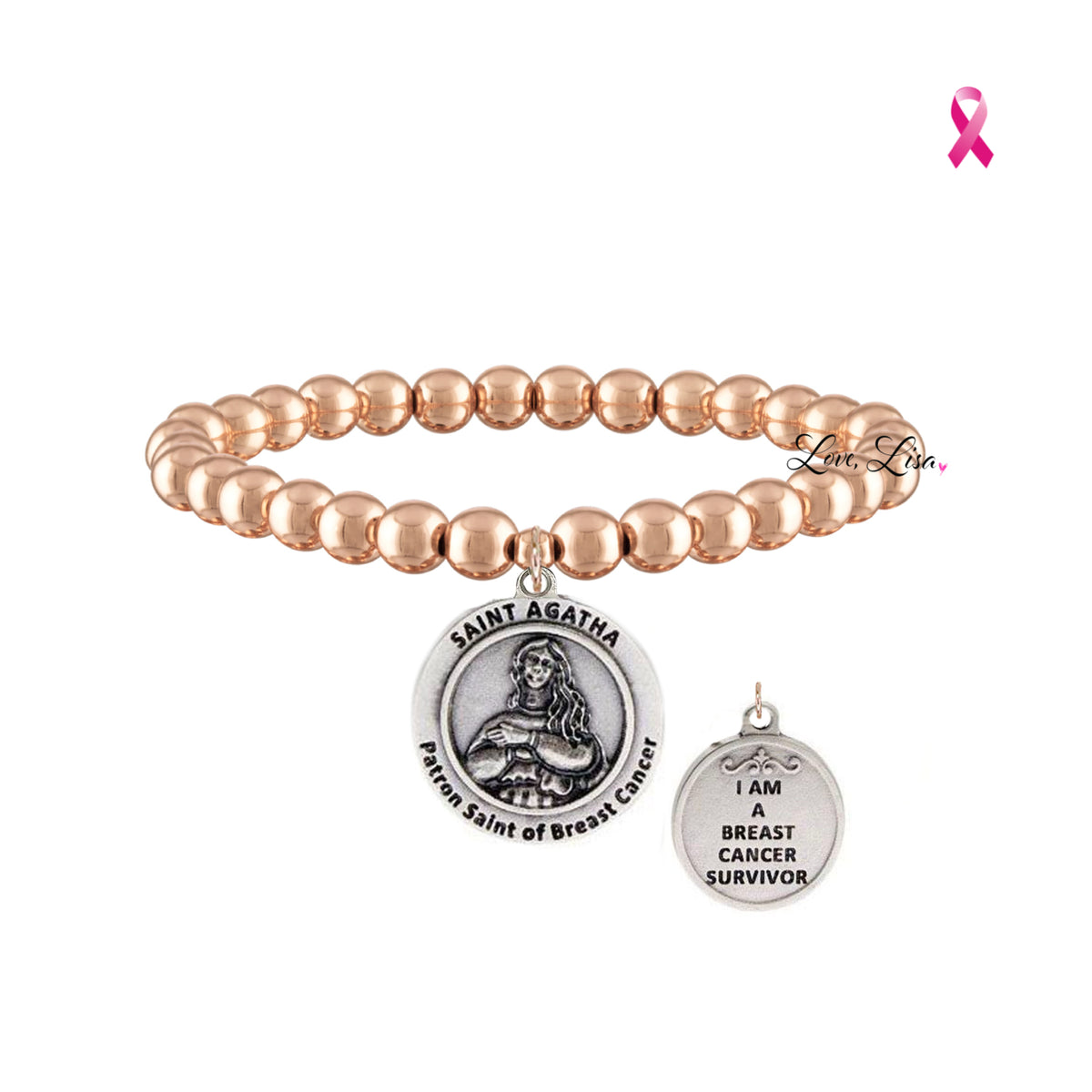 Love Lisa Saint Agatha Breast Cancer Survivor Bracelet in Rose Gold with polished beads, two-sided medal, and survivor message charm