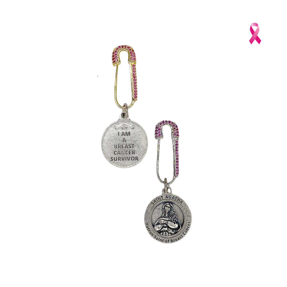 Love Lisa Saint Agatha Breast Cancer Survivor Safety Pin in Silver and Gold with rhinestone pin, two-sided medal, survivor message