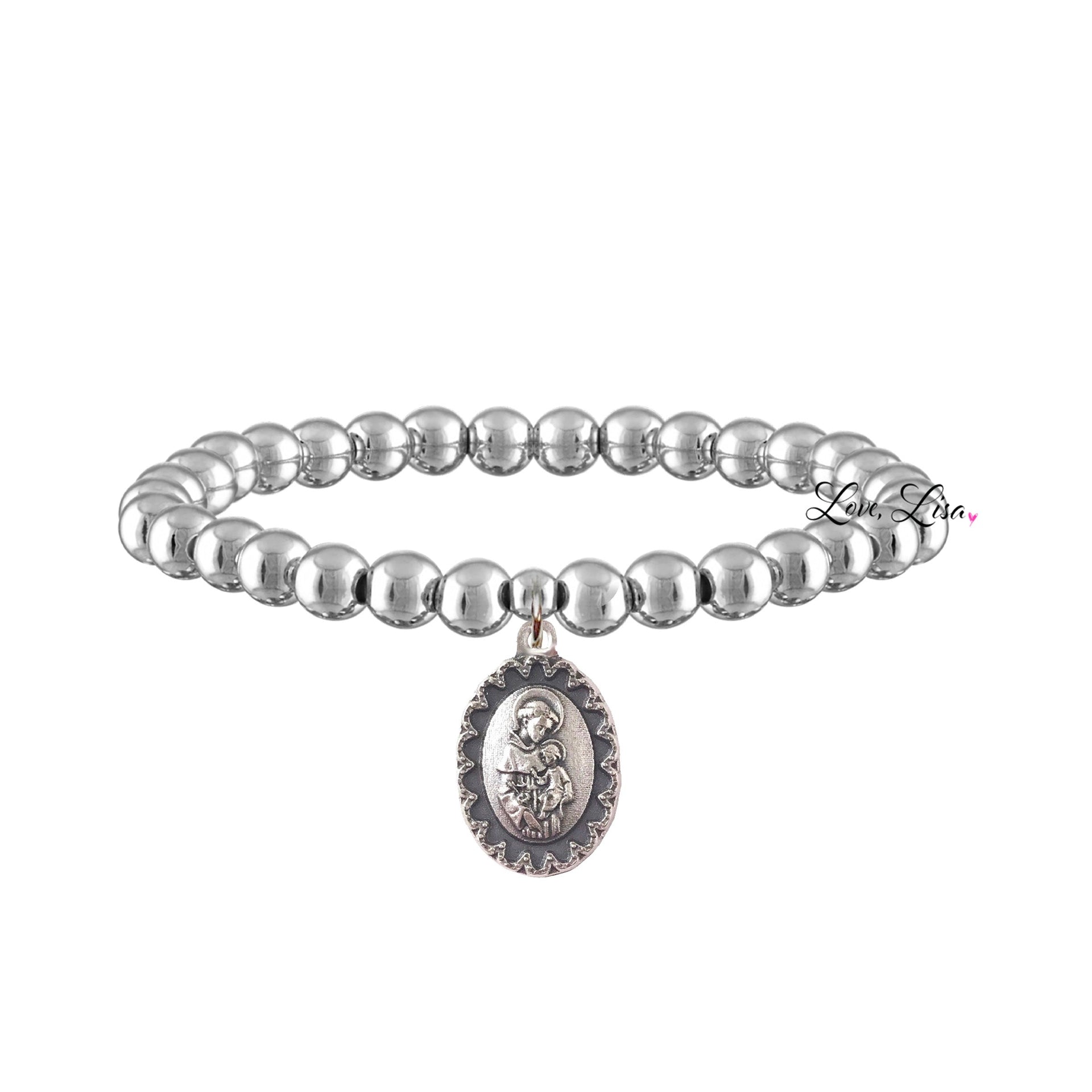 saint anthony beaded bracelet silver 6mm stretch bracelet with medal meaningful religious jewelry