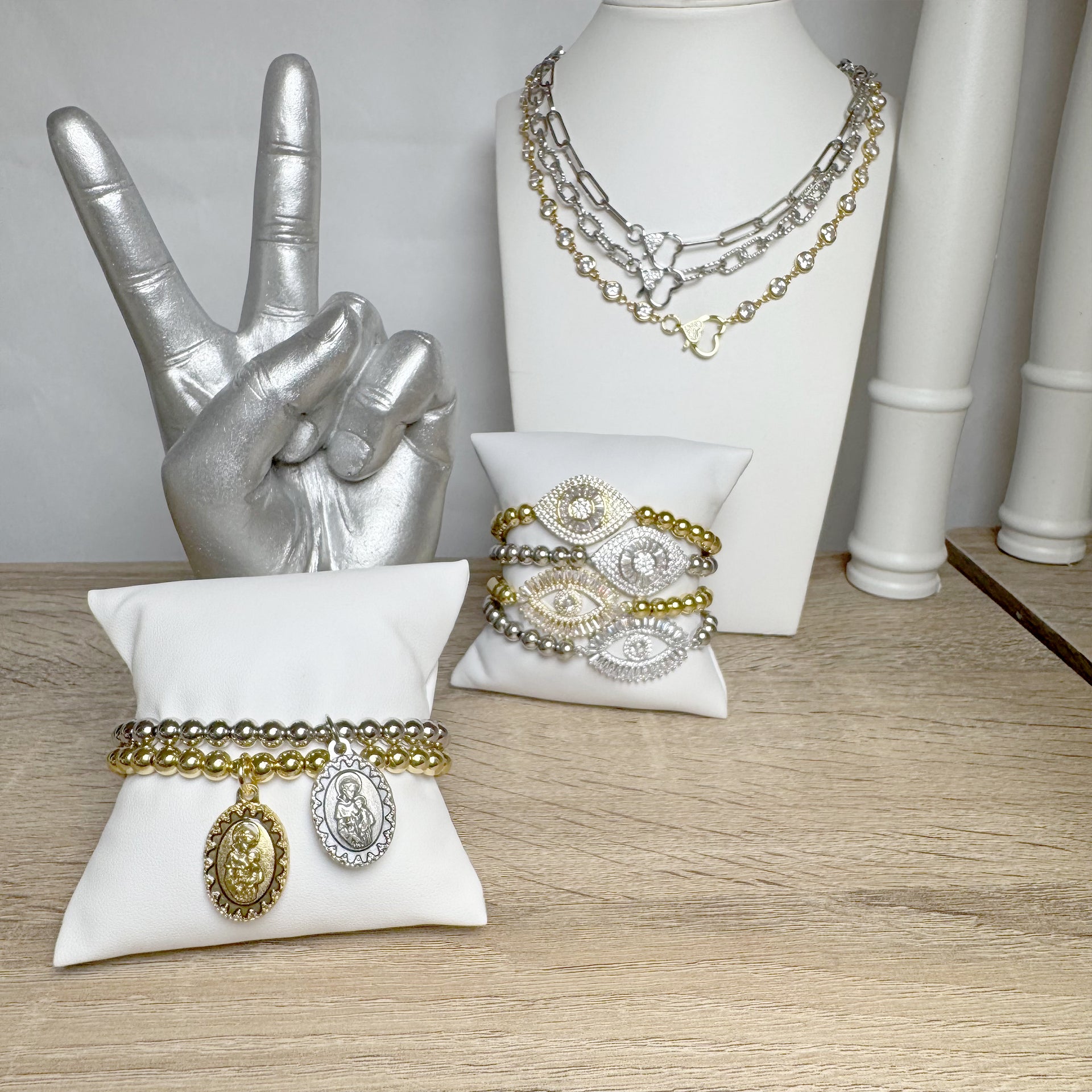 saint anthony beaded bracelet shown on jewelry display with medal religious bracelet gift