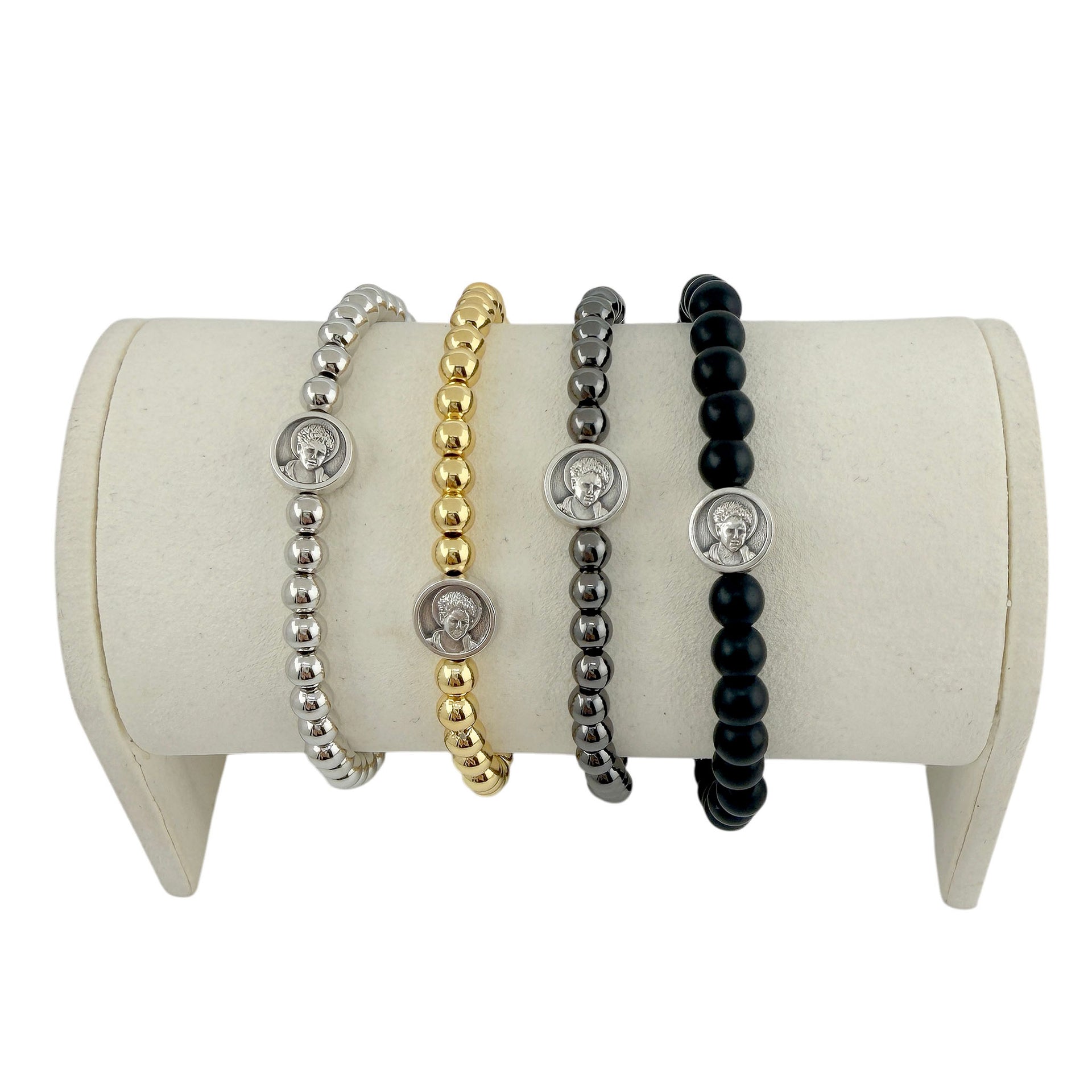 Saint Carlo Acutis faith stretch bracelet with metal or black onyx beads. Symbolic Catholic jewelry with prayer card. Meaningful gift for everyday wear.