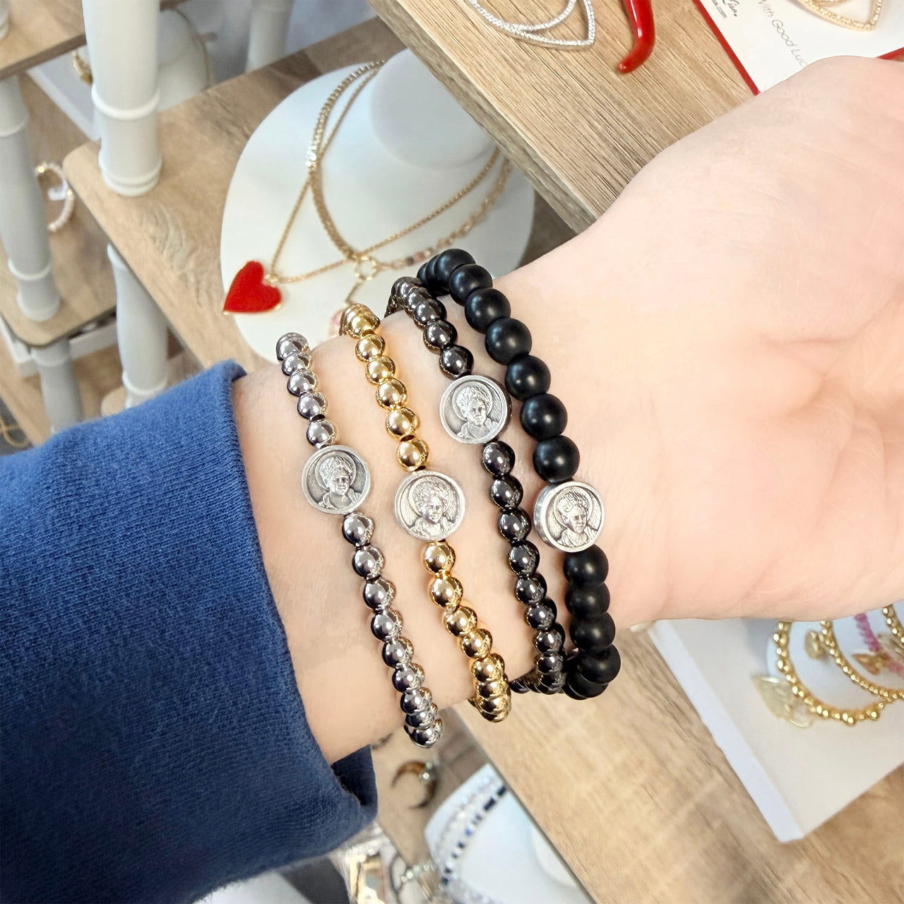 saint carlo acutis faith stretch bracelets worn stacked on wrist love lisa