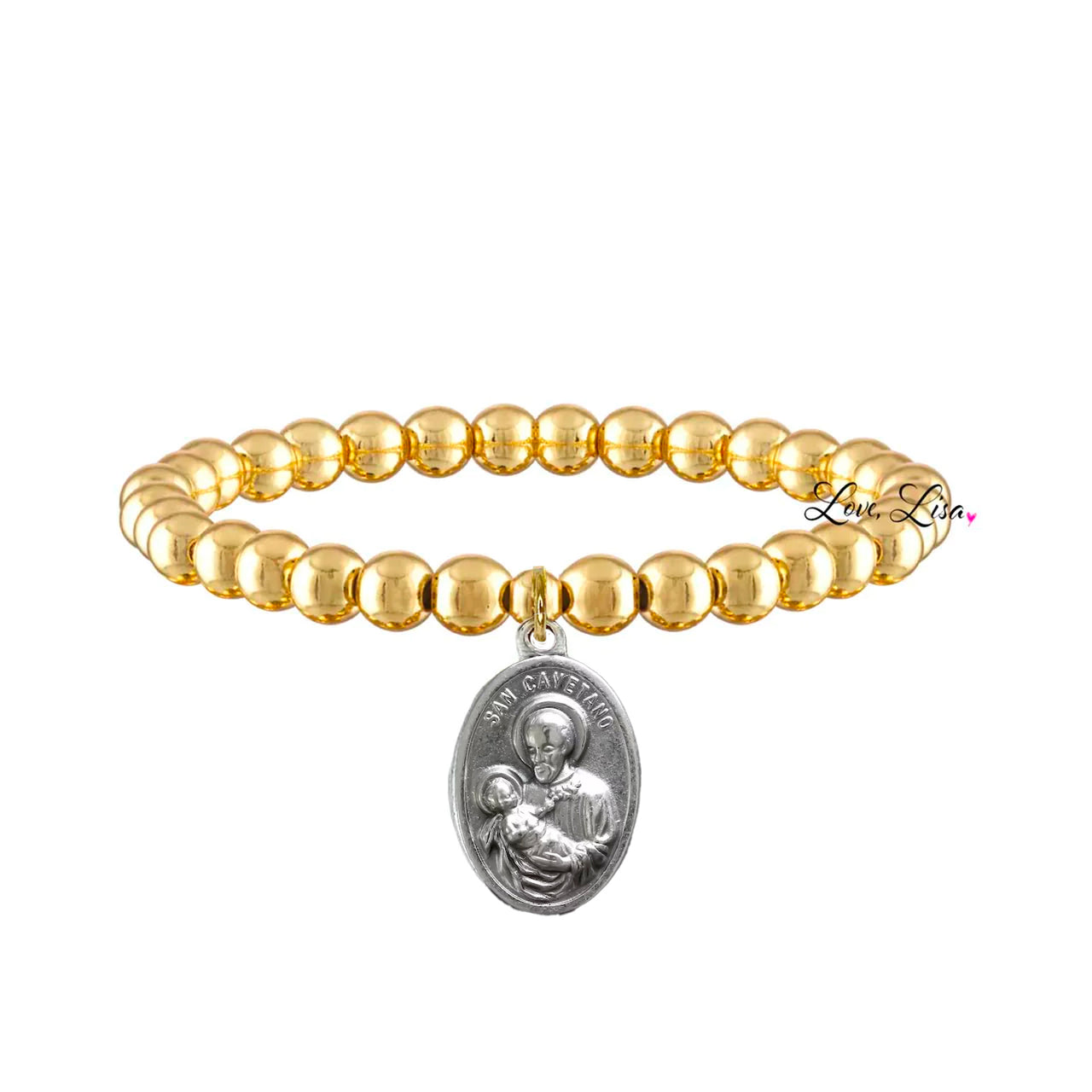 Love Lisa saint cayetano bracelet gold beaded stretch bracelet with saint cajetan medal for good luck and protection, job seekers, unemployed, gamers, gamblers