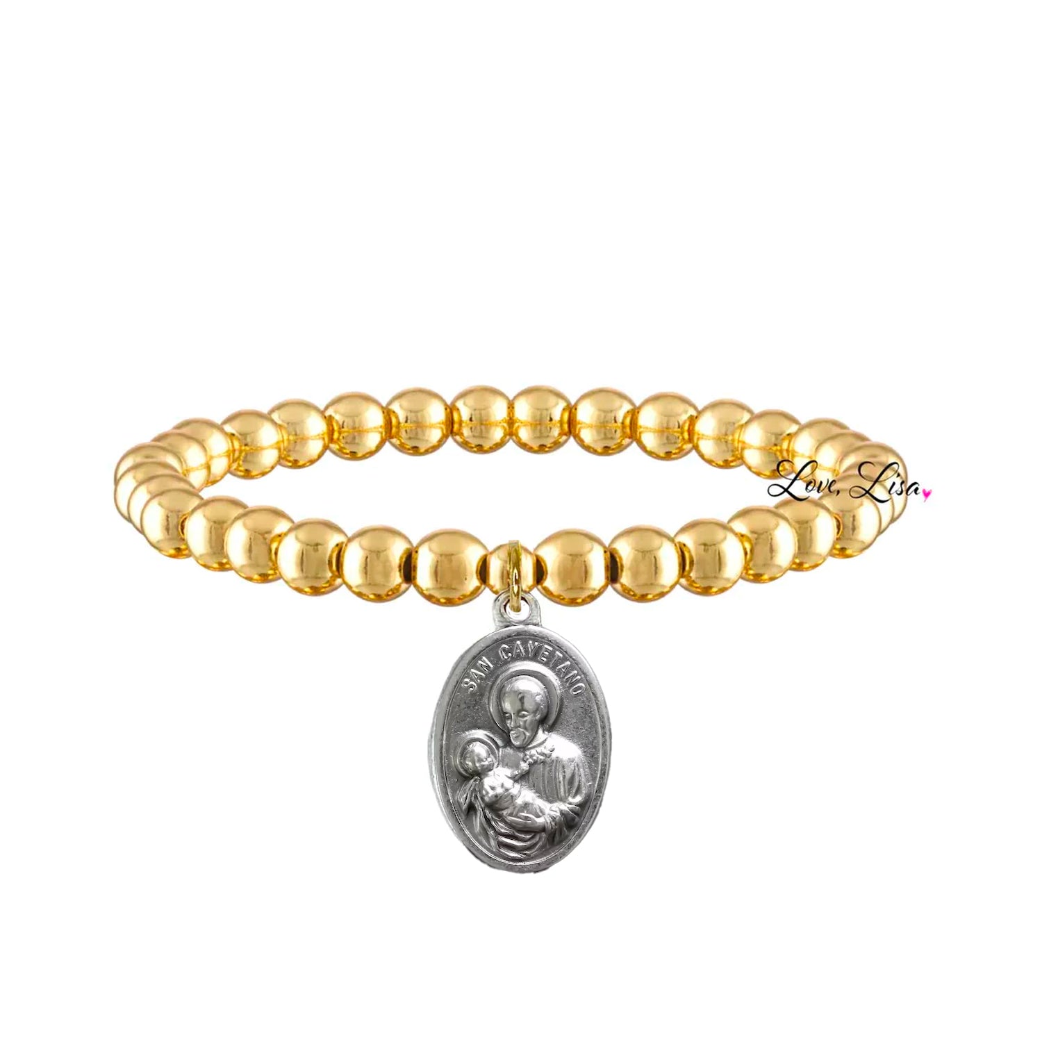 Love Lisa saint cayetano bracelet gold beaded stretch bracelet with saint cajetan medal for good luck and protection, job seekers, unemployed, gamers, gamblers