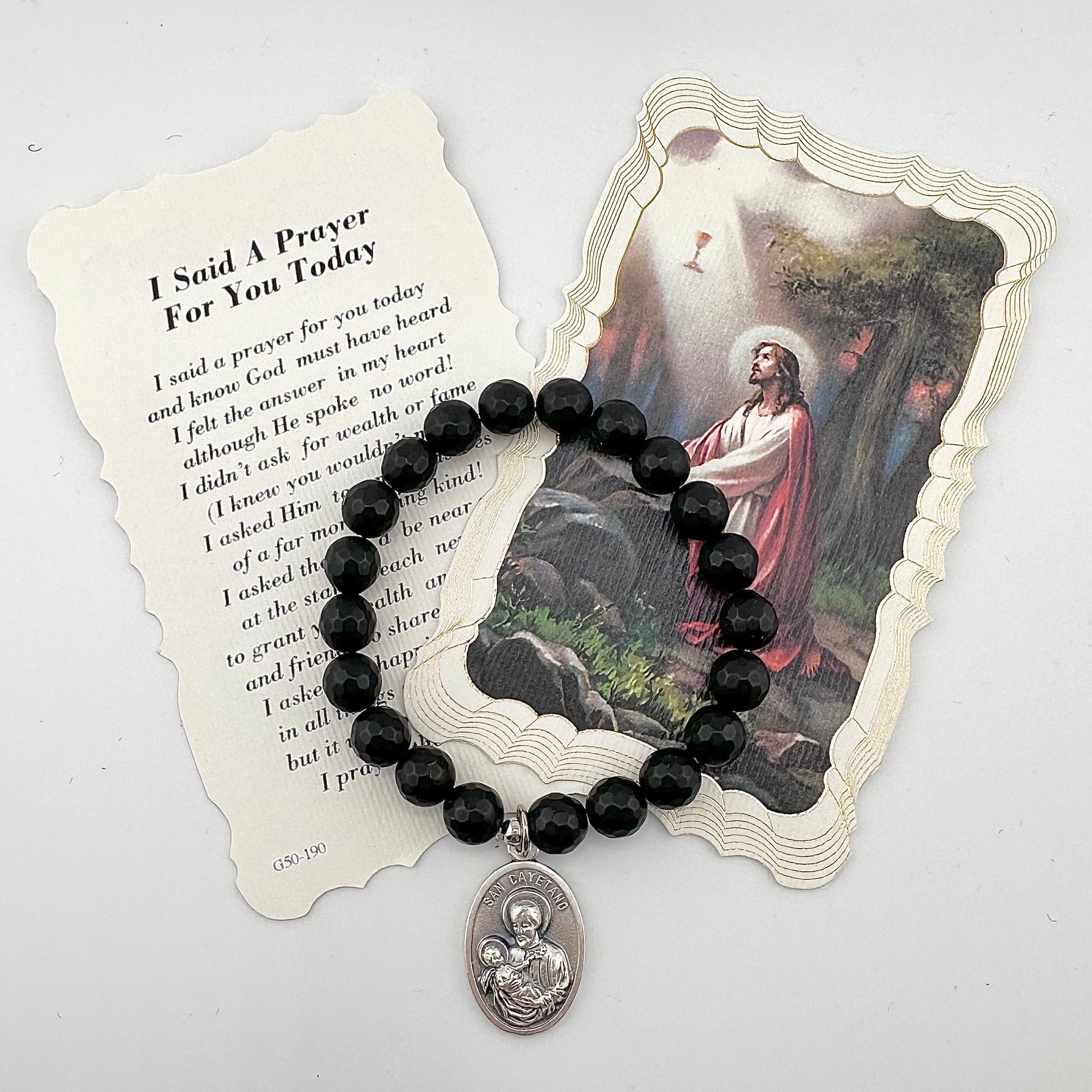 saint cayetano bracelet with prayer card beaded stretch bracelet for good luck and financial help