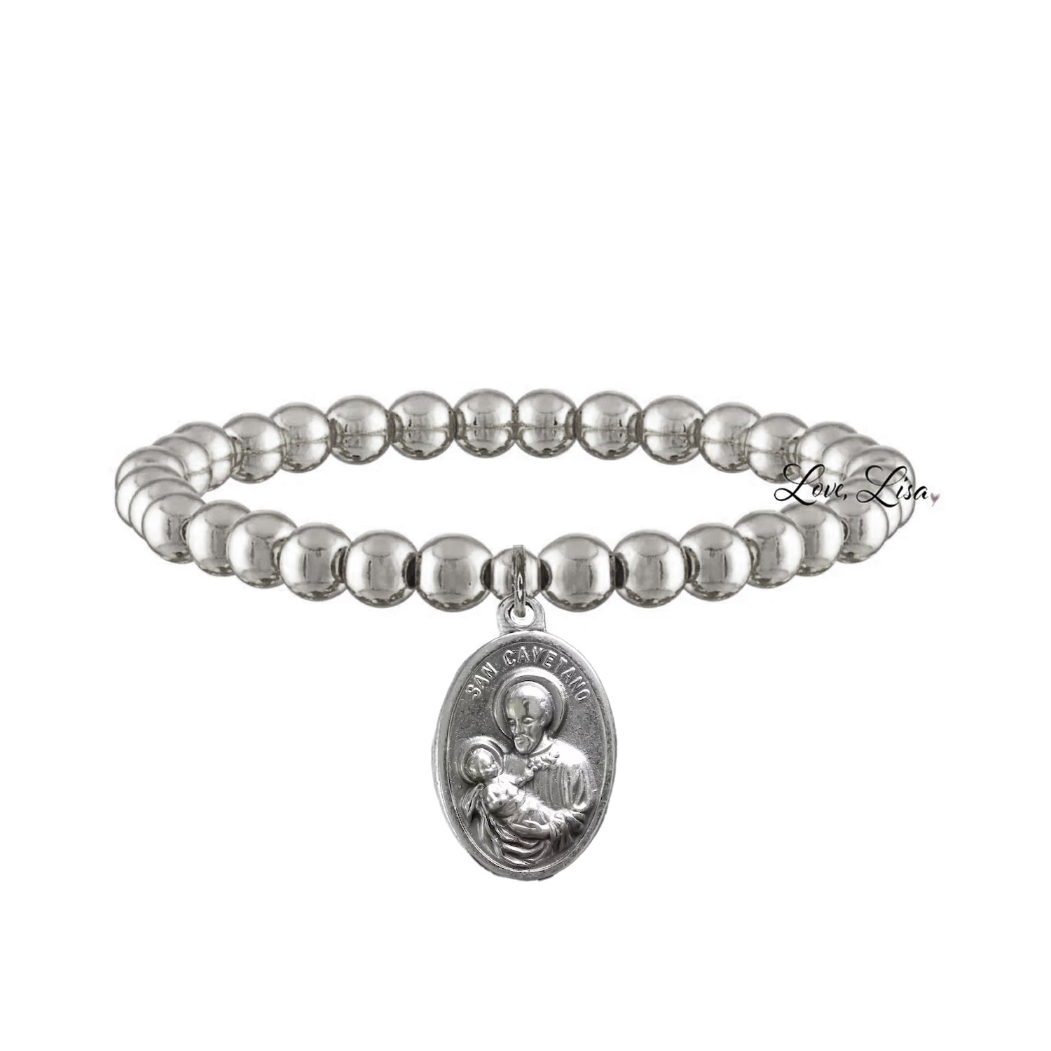 Love Lisa saint cayetano bracelet silver beaded stretch bracelet with saint cajetan medal for financial help and good luck