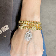 saint francis pet prayer bracelet worn on hand gold beaded stretch bracelet with medal religious pet protection jewelry