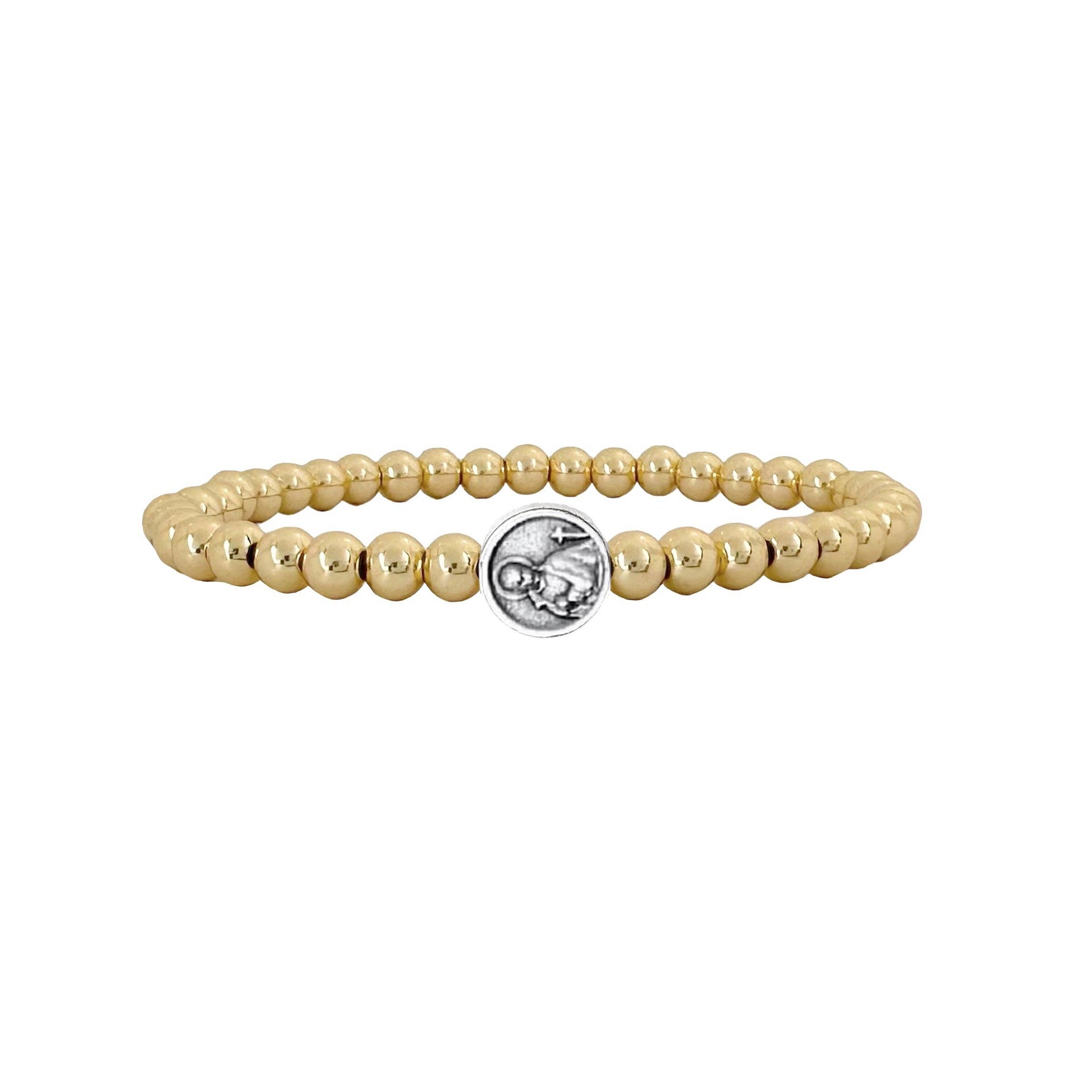 Gold Saint Gerard beaded stretch bracelet with round Saint Gerard medallion charm