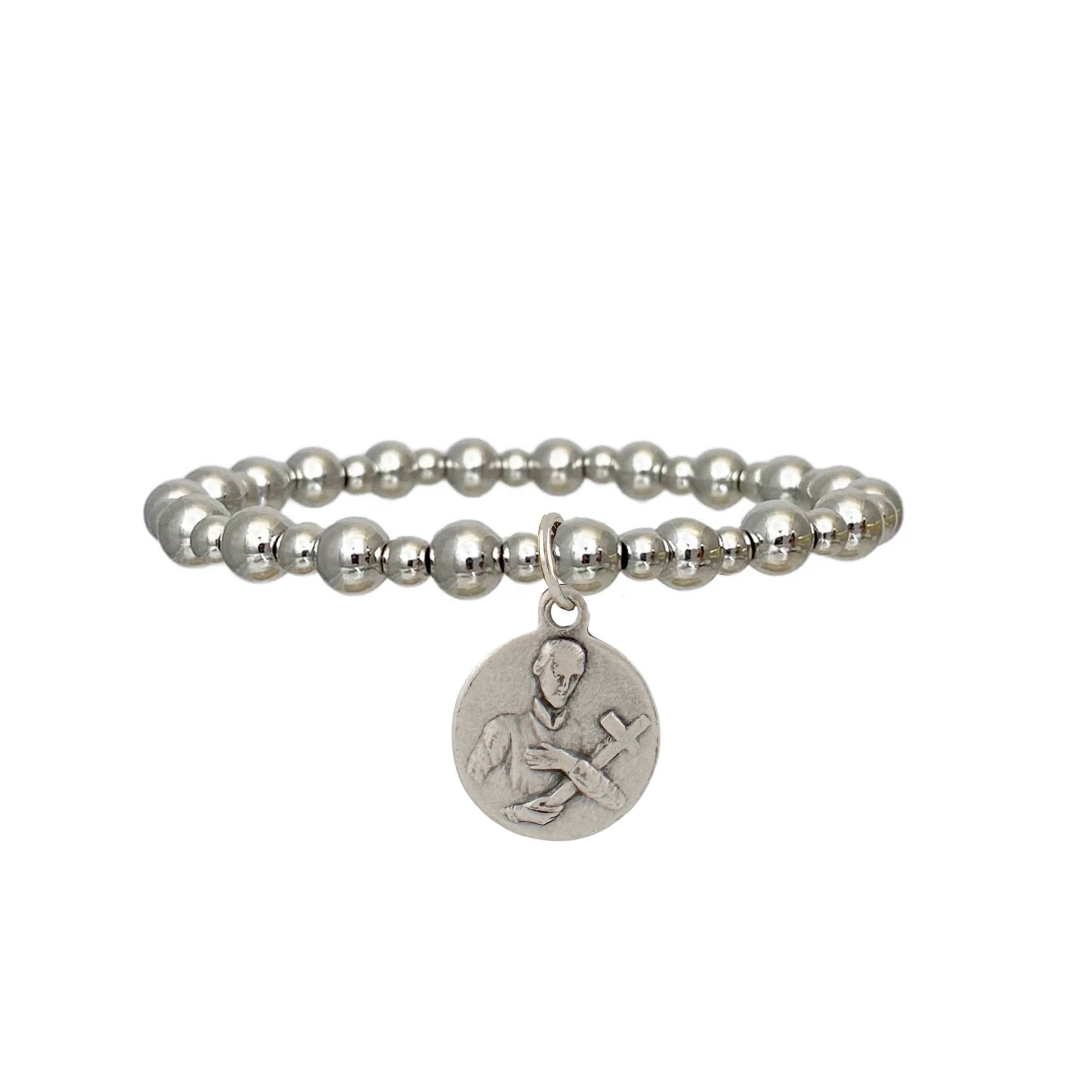 saint gerard fertility bracelet silver 6mm beaded stretch bracelet with medal religious jewelry for pregnancy support and safe delivery