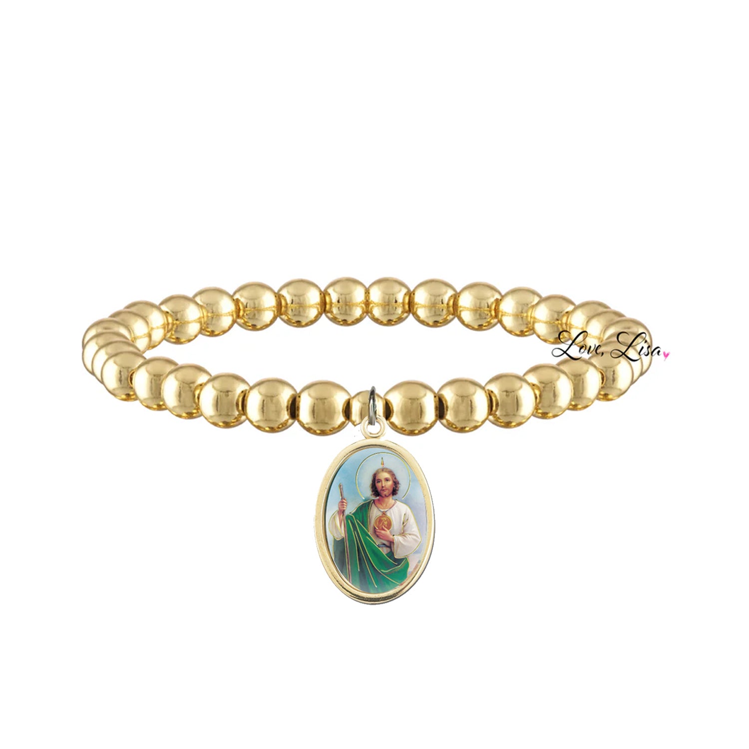 Love Lisa saint jude beaded bracelet gold 6mm stretch bracelet with saint jude medal religious jewelry for hope healing and spiritual support