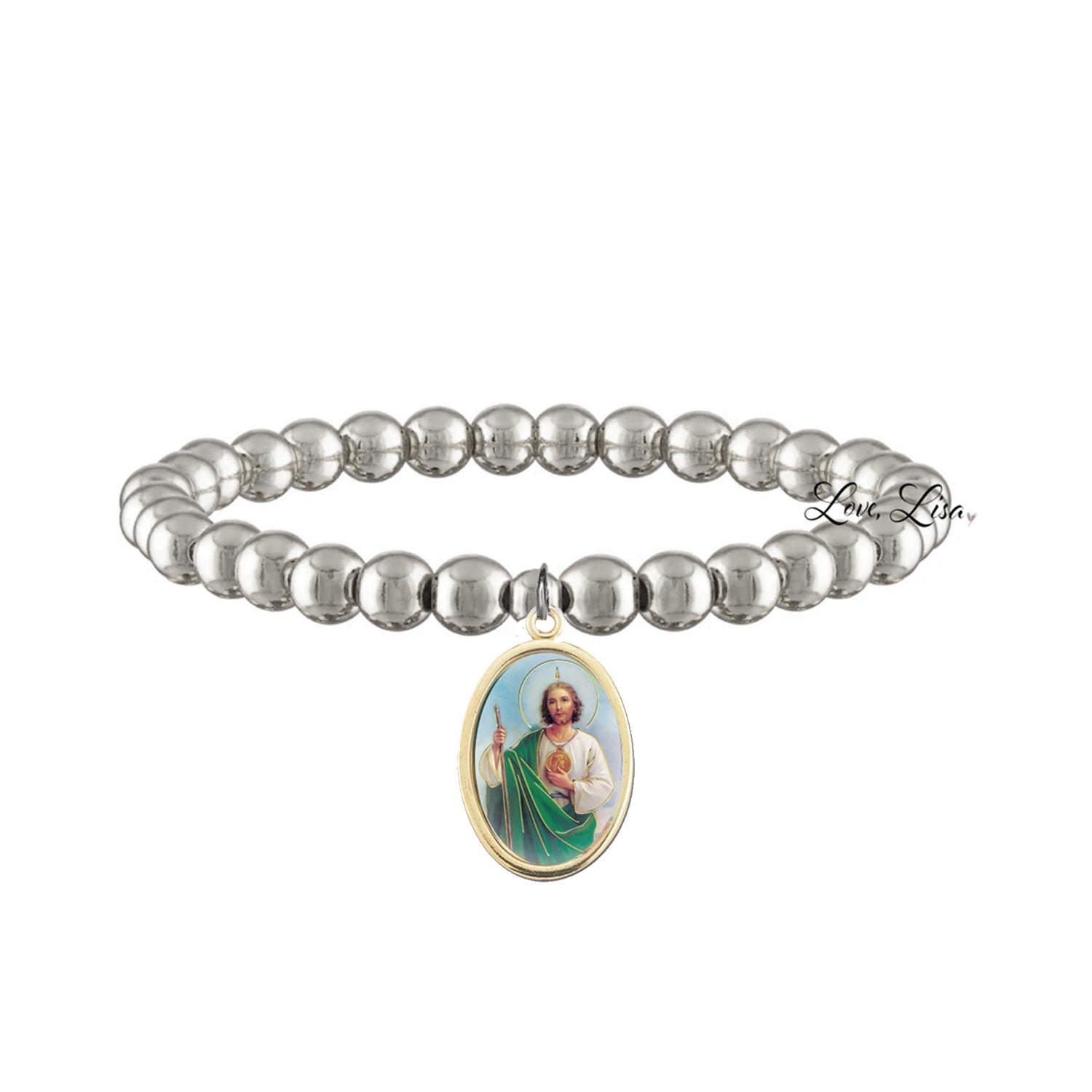 saint jude beaded bracelet silver 6mm stretch bracelet with medal religious jewelry for comfort hope and renewal