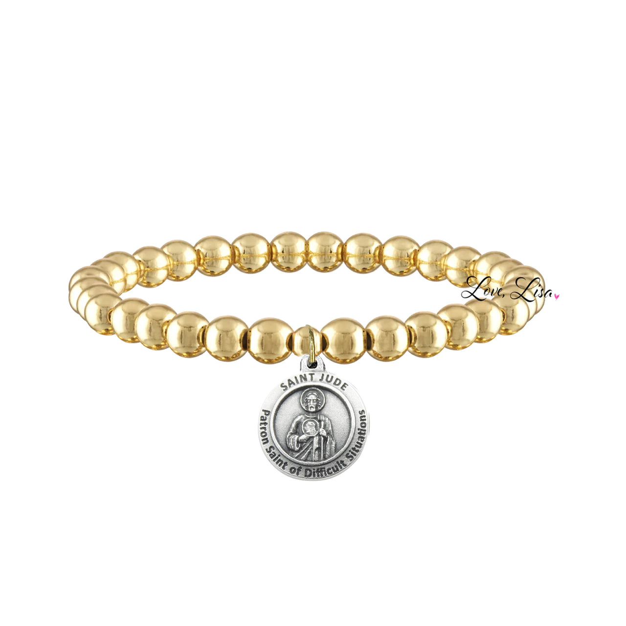 Love Lisa saint jude difficult situations bracelet gold 6mm beaded stretch bracelet with saint jude medal for hope and strength