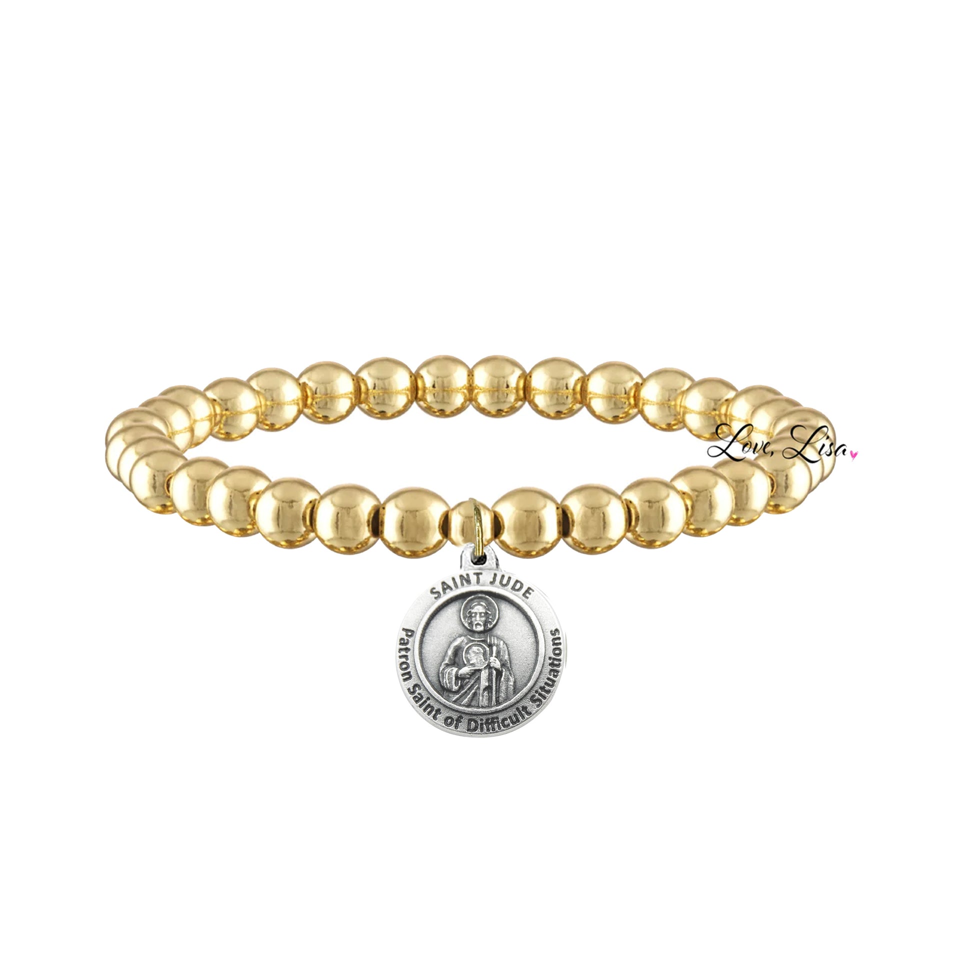 Love Lisa saint jude difficult situations bracelet gold 6mm beaded stretch bracelet with saint jude medal for hope and strength