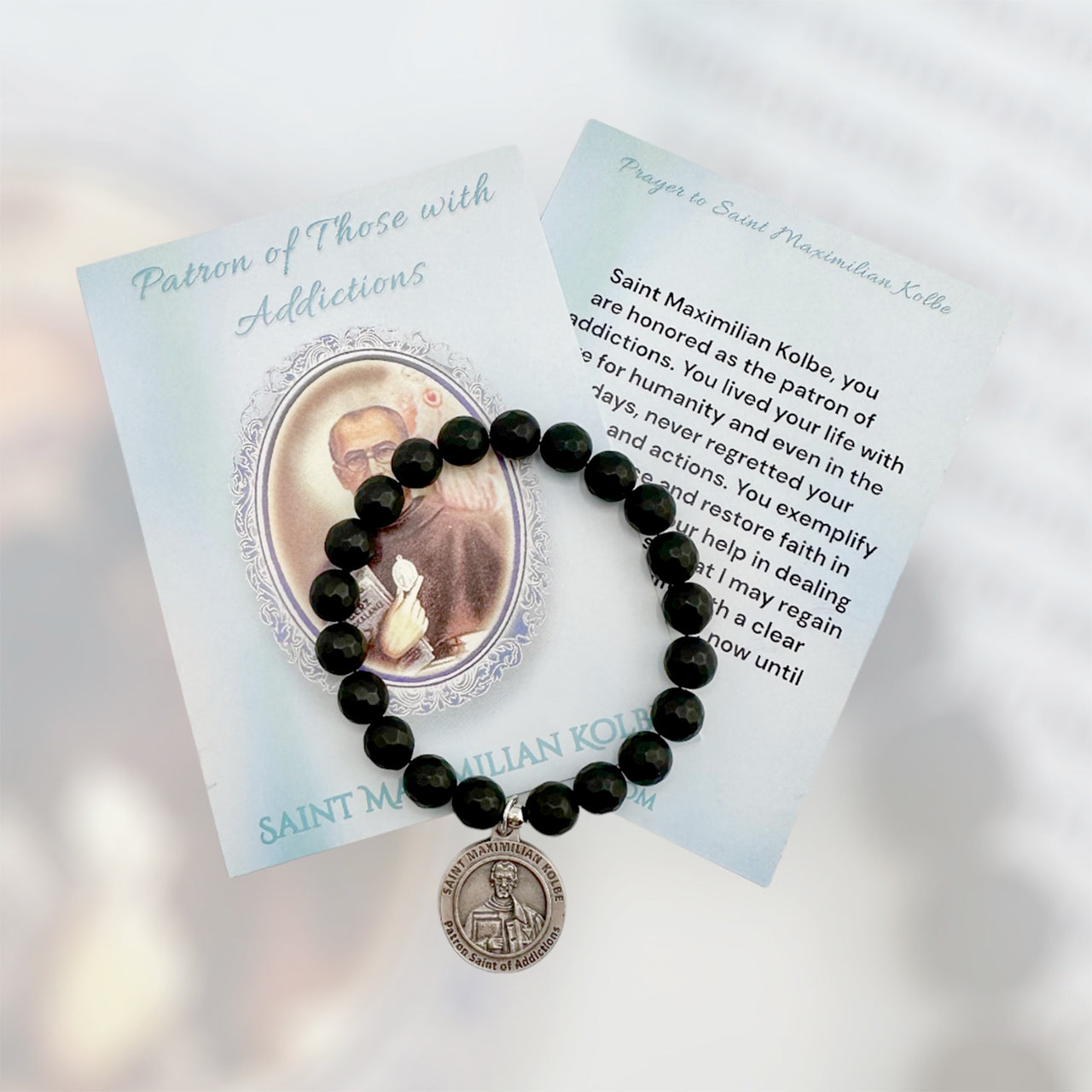 saint maximilian kolbe addiction prayer card with matching beaded bracelet