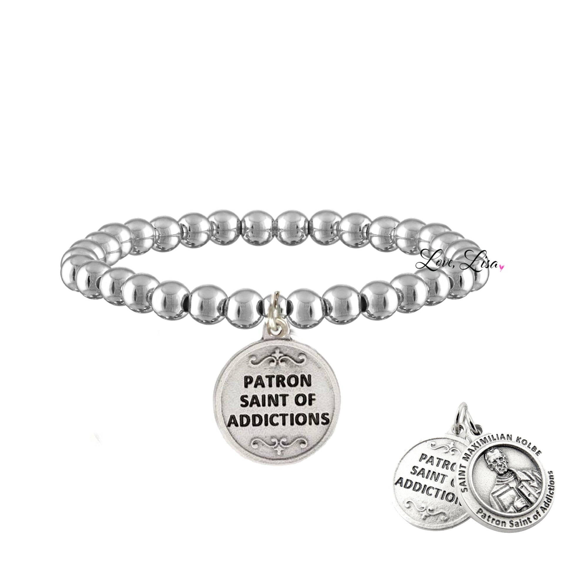 saint maximilian kolbe addiction recovery bracelet silver beads and saint medal
