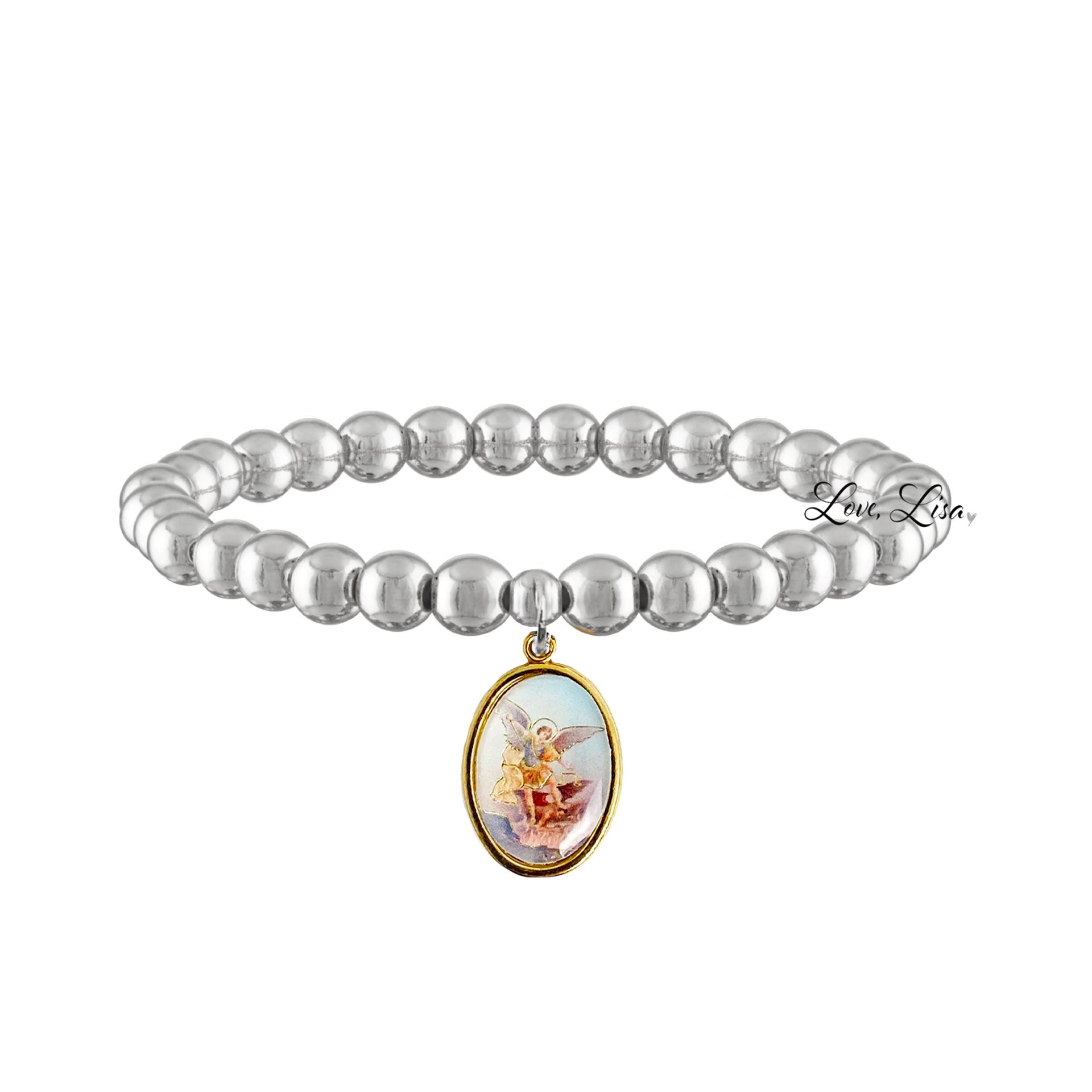 saint michael colorful beaded bracelet silver stretch fit. protector and spiritual warrior who defends against evil and guides the faithful.