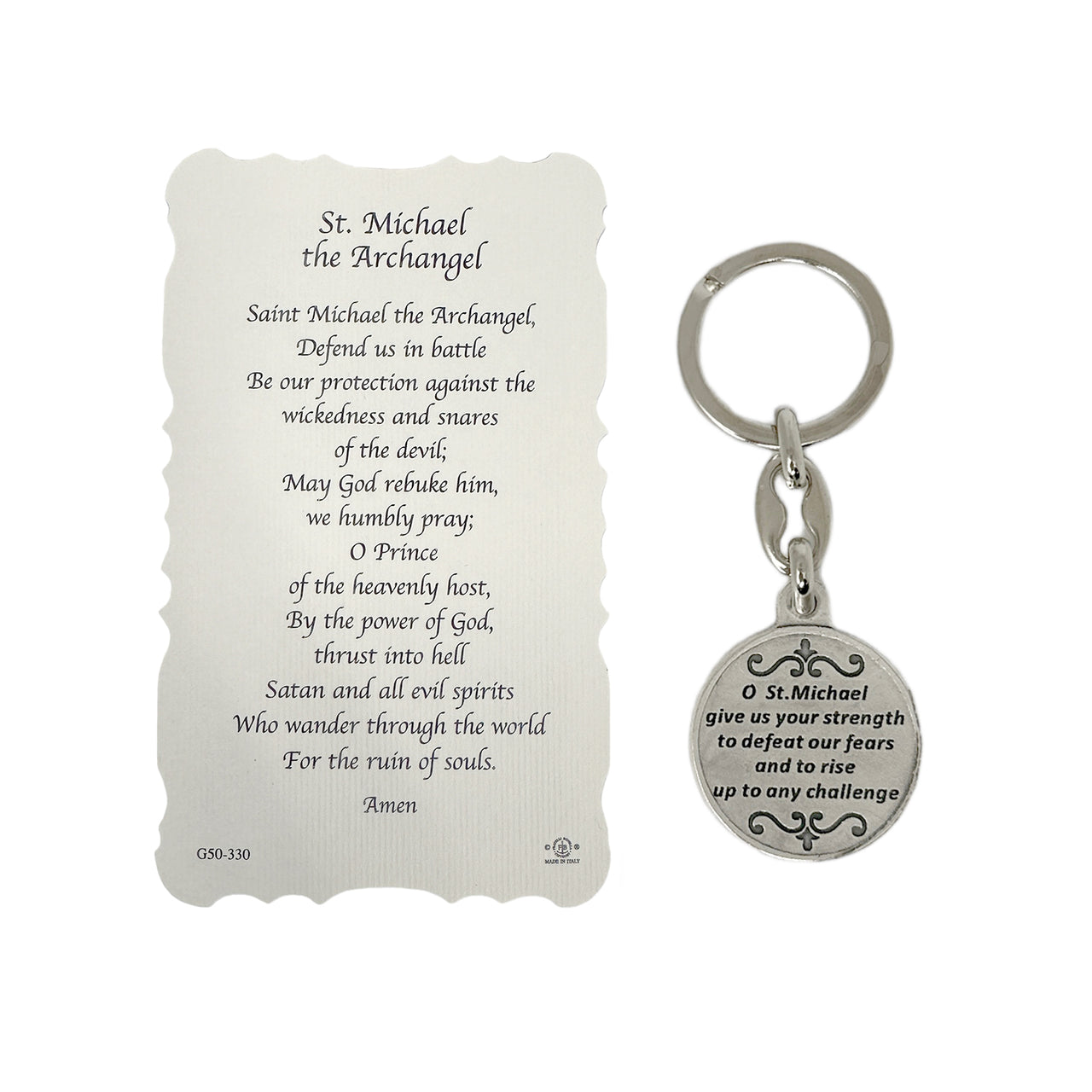 saint michael prayer keychain back with detailed protector medal