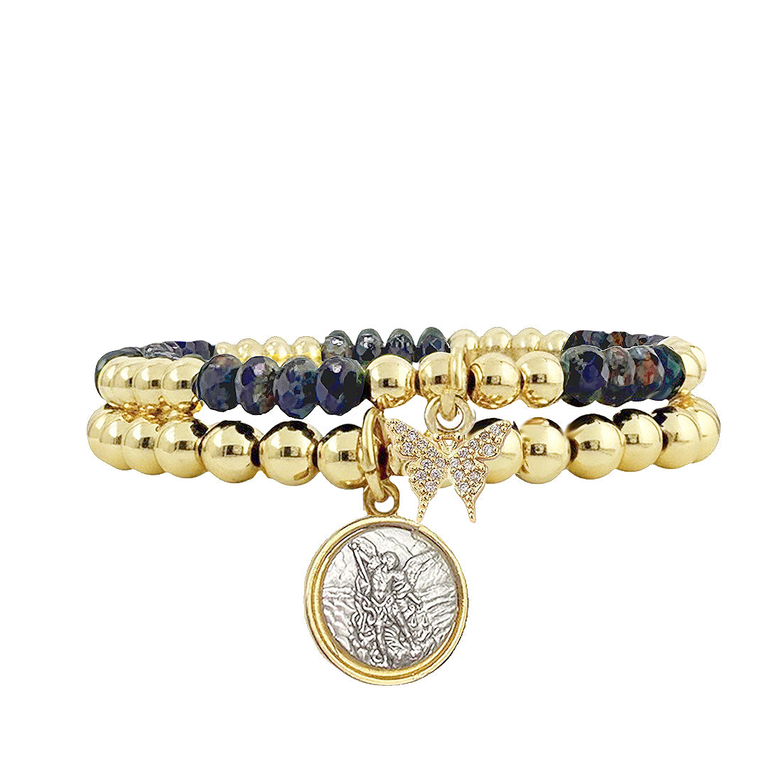 love lisa saint michael protection bracelet set gold beads navy gemstones faith jewelry